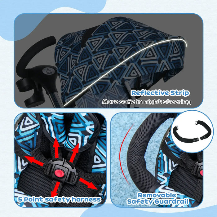 Baby car seat with reflective strip, 5-point safety harness, and removable guardrail on a blue background.