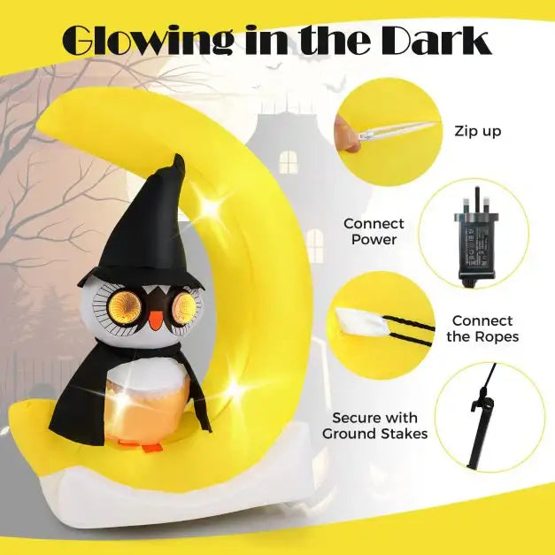 1.55m Inflatable Halloween Owl on Luminous Crescent Moon | LED and Tunnel Lights COSTWAY - Little and Giant Explorers Costway