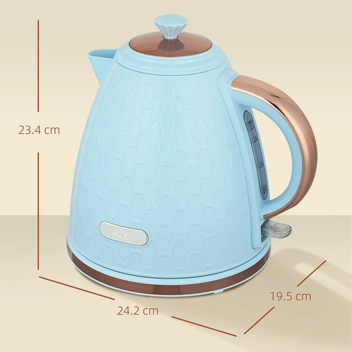 Blue electric kettle with brown accents and dimensions displayed on a beige background