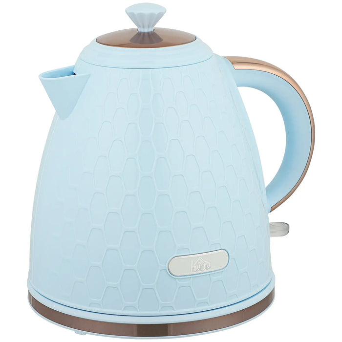 Light blue electric kettle with a textured design on a white background