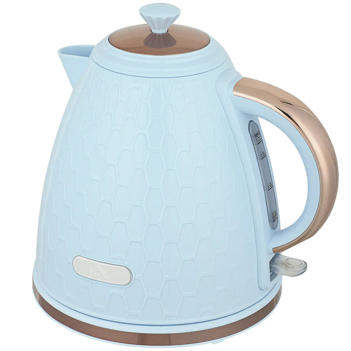 Light blue electric kettle with a brown handle on a white background