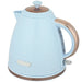Light blue electric kettle with a brown handle on a white background