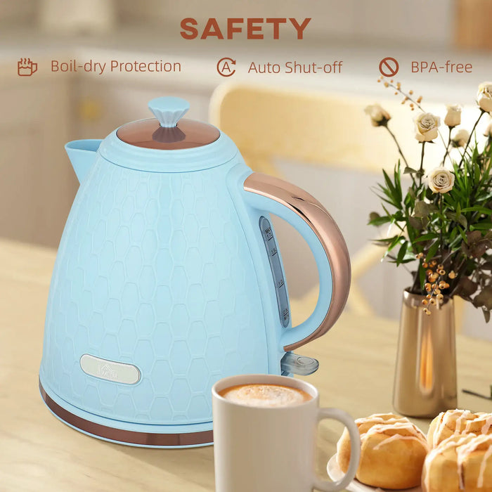 Blue electric kettle on a kitchen counter with a cup of coffee and pastries, featuring safety features.