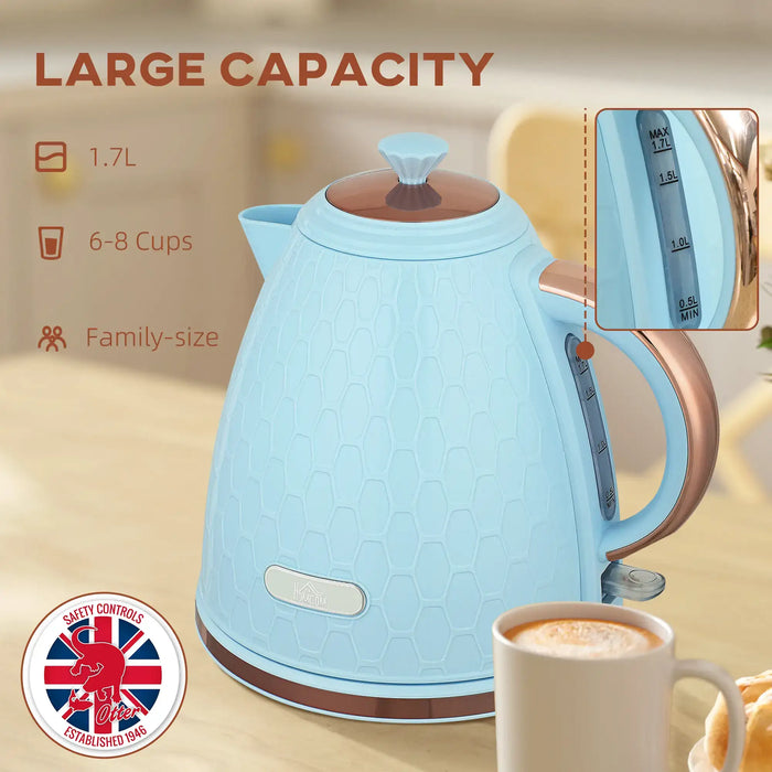 Blue electric kettle with text highlighting its large capacity on a blurred background