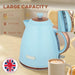 Blue electric kettle with text highlighting its large capacity on a blurred background