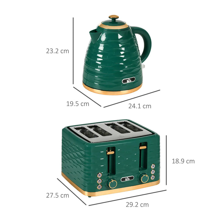 Green kettle and toaster with dimensions on a white background