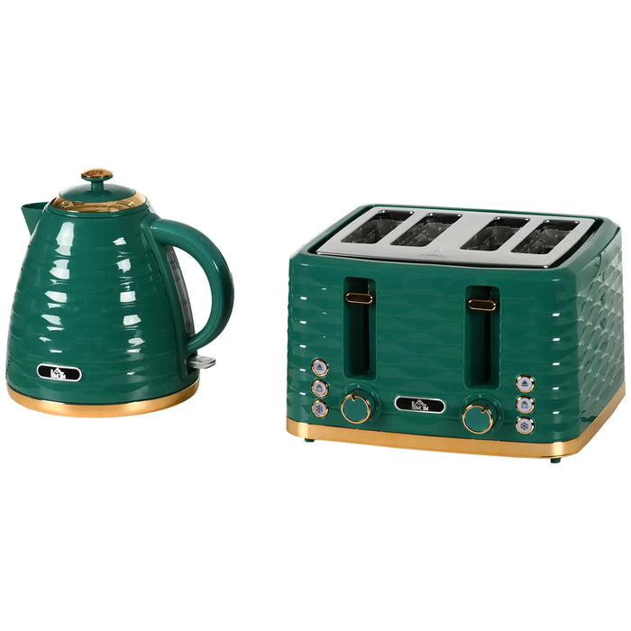 Green kettle and toaster set on a white background