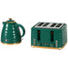 Green kettle and toaster set on a white background