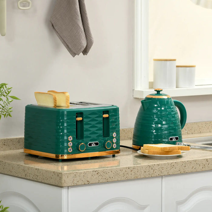 Teal toaster and kettle on a kitchen counter with toast.