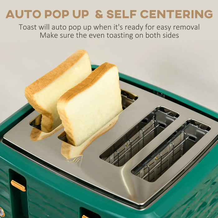 Toaster with two slices of toast and text about auto pop-up feature