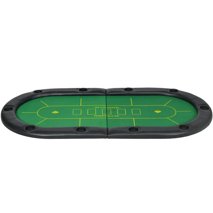 Folding 10-player oval poker table mat with green felt and built-in cup holders