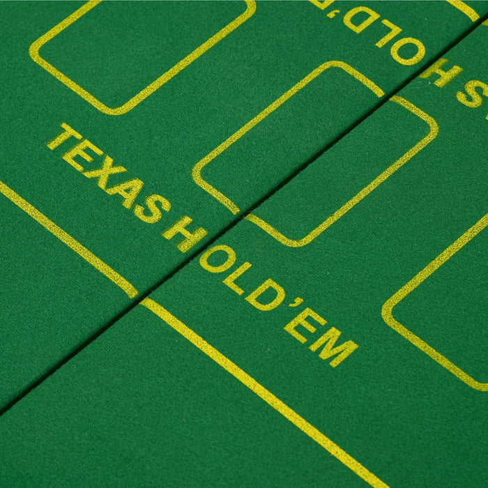 Green folding poker table mat with yellow Texas Hold'em markings