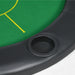 Green felt folding poker table with black cup holder and yellow markings, oval design.
