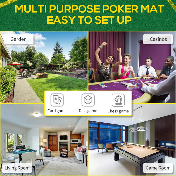 Multi-purpose poker mat for card games, shown in garden, casino, living room, and game room settings.