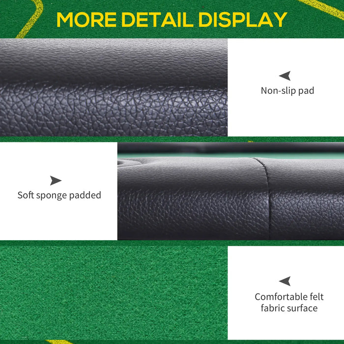 Green poker table mat closeup showing non-slip pad, soft sponge padding, and felt fabric surface.