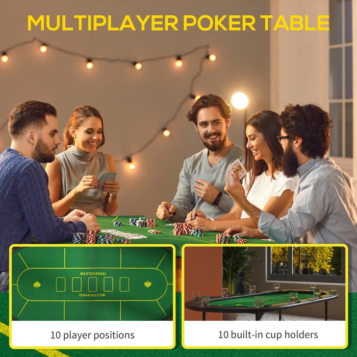Four people playing poker at a green oval folding table with cup holders, festive lights.