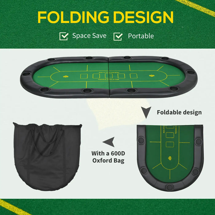 Folding oval poker table mat with green felt, cup holders, and carry bag, portable design