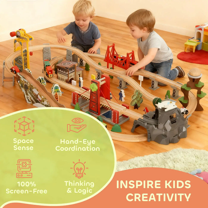 100-Piece Wooden City Train Set | Battery-Powered Engine, Crane and Multi-Level Track AIYAPLAY - Little and Giant Explorers