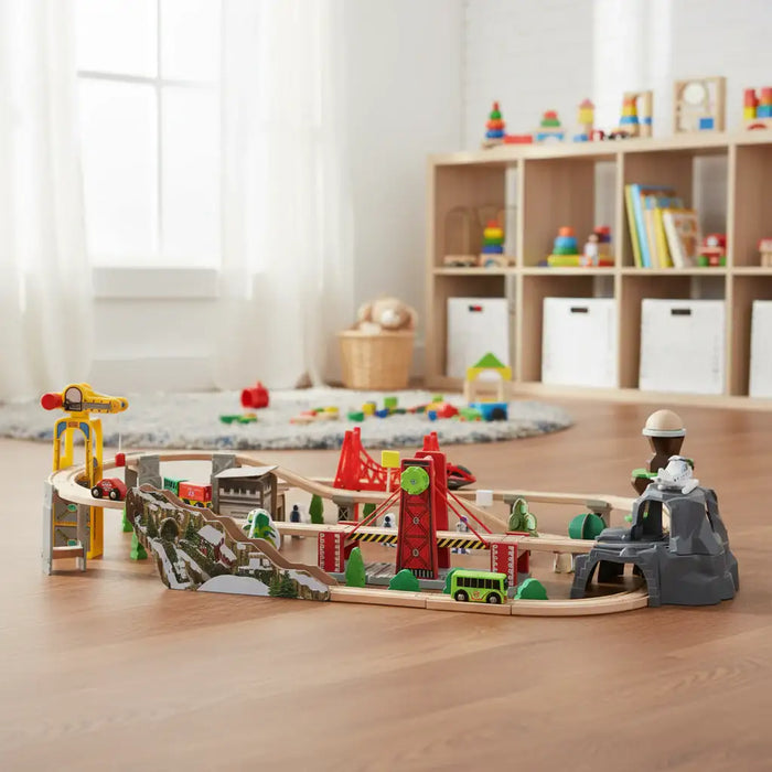 100-Piece Wooden City Train Set | Battery-Powered Engine, Crane and Multi-Level Track AIYAPLAY - Little and Giant Explorers