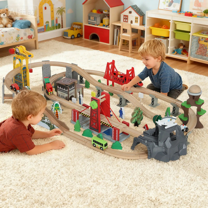 100-Piece Wooden City Train Set | Battery-Powered Engine, Crane and Multi-Level Track AIYAPLAY - Little and Giant Explorers