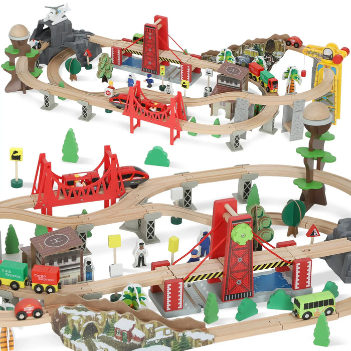100-Piece Wooden City Train Set | Battery-Powered Engine, Crane and Multi-Level Track AIYAPLAY - Little and Giant Explorers
