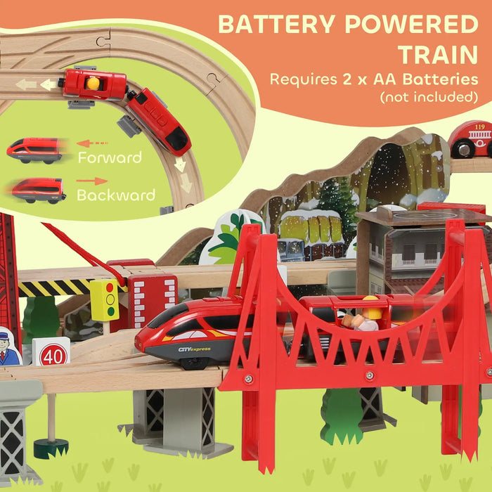 100-Piece Wooden City Train Set | Battery-Powered Engine, Crane and Multi-Level Track AIYAPLAY - Little and Giant Explorers