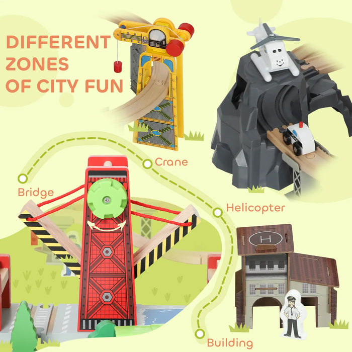 100-Piece Wooden City Train Set | Battery-Powered Engine, Crane and Multi-Level Track AIYAPLAY - Little and Giant Explorers