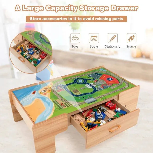 100-Piece Wooden Train Table with Reversible Tabletop - Little and Giant Explorers Costway