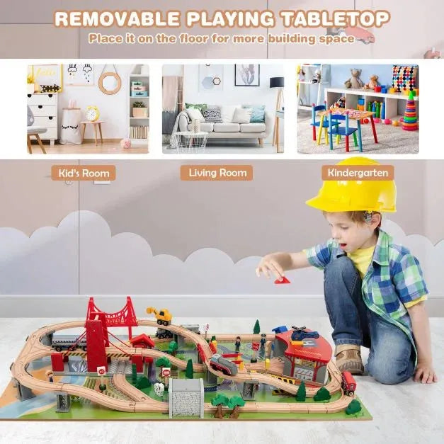 100-Piece Wooden Train Table with Reversible Tabletop - Little and Giant Explorers Costway