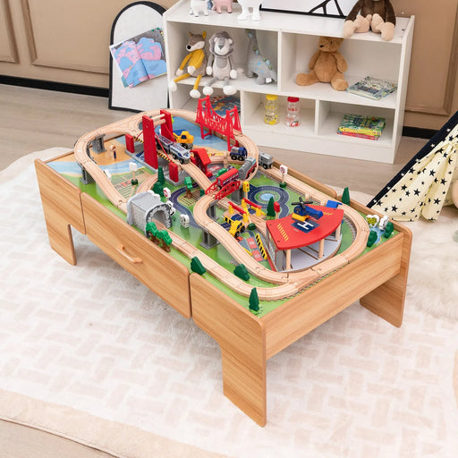 100-Piece Wooden Train Table with Reversible Tabletop - Little and Giant Explorers Costway