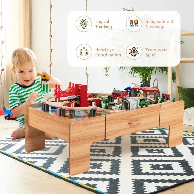 100-Piece Wooden Train Table with Reversible Tabletop - Little and Giant Explorers Costway