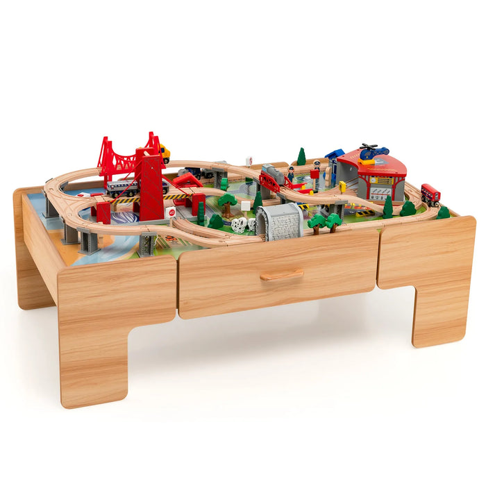 100-Piece Wooden Train Table with Reversible Tabletop - Little and Giant Explorers Costway