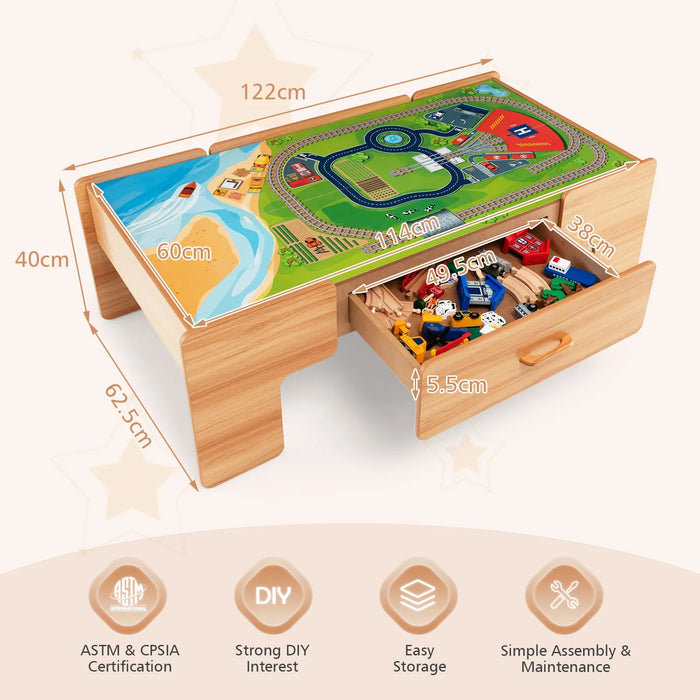 100-Piece Wooden Train Table with Reversible Tabletop - Little and Giant Explorers Costway