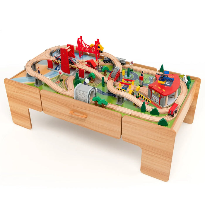 100-Piece Wooden Train Table with Reversible Tabletop - Little and Giant Explorers Costway