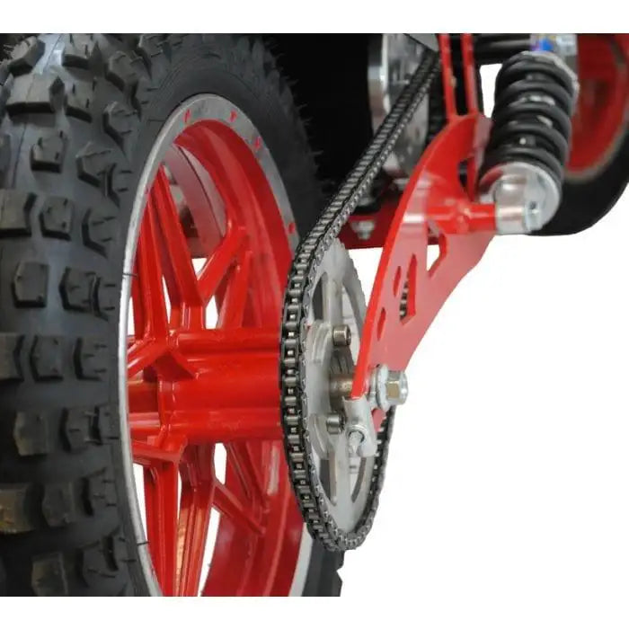 Close-up of rear wheel, chain, and red frame of 1000W electric scooter with off-road tire