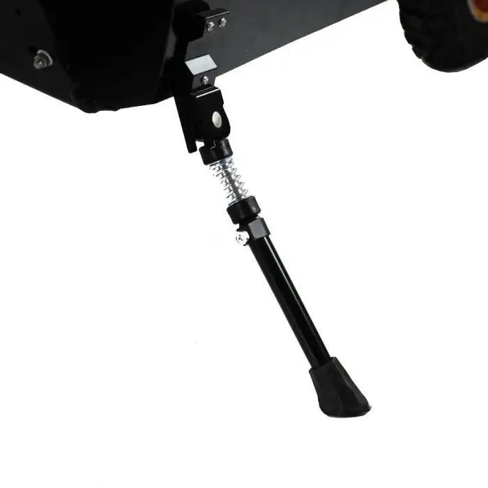 Close-up of 1000W electric scooter kickstand with spring, black frame and tire