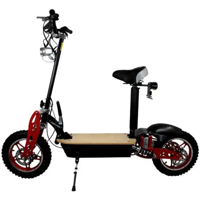 1000W electric scooter with seat, off-road tires, foldable design, and red frame accents