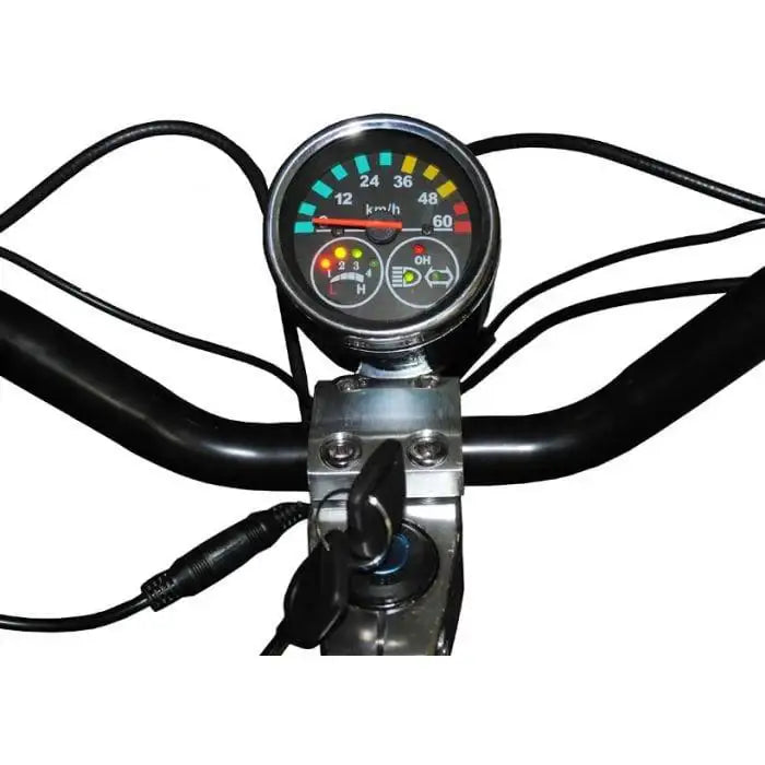 Electric scooter handlebar with speedometer, power key, and control cables visible