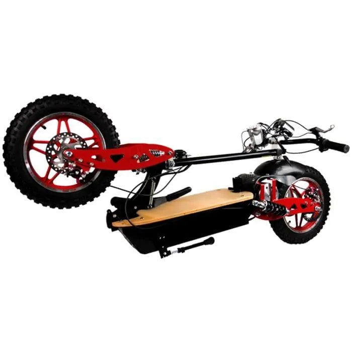 Foldable 1000W electric scooter with red wheels and off-road tires on white background