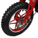 Close-up of electric scooter rugged tire with red alloy wheel and disc brake