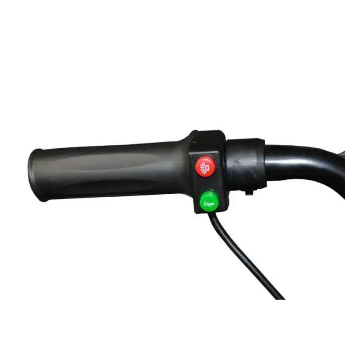 Electric scooter handlebar with red light and green horn buttons, black grip, close-up view