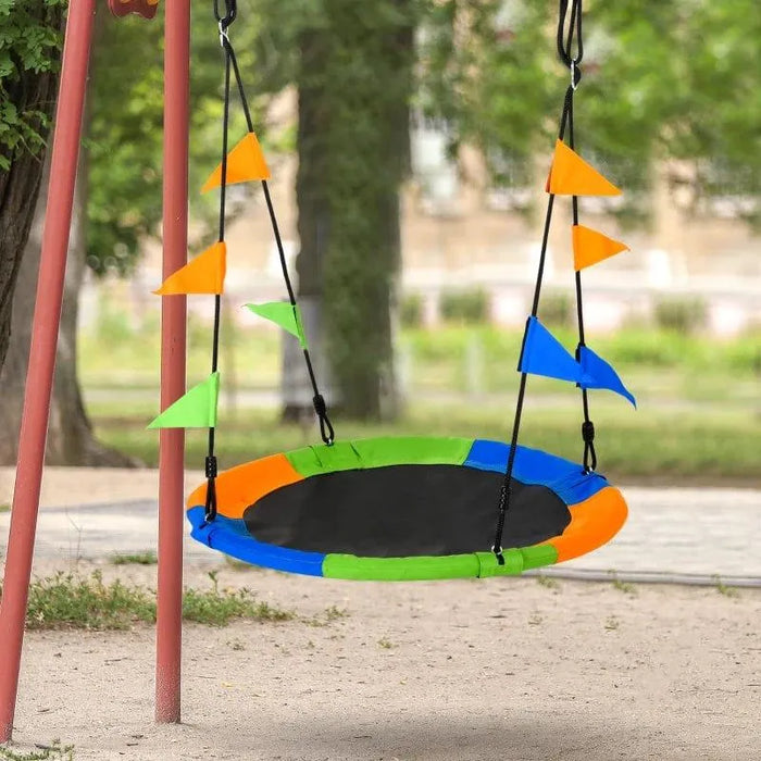 Colorful 100cm saucer tree swing with adjustable ropes in a garden playground