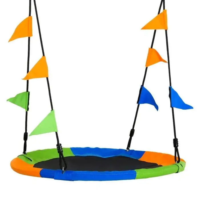 Colorful 100cm saucer tree swing with adjustable ropes and triangle flags for outdoor play