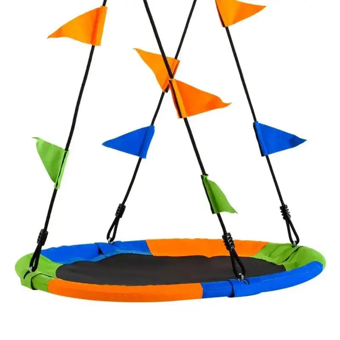 Colorful round saucer tree swing with adjustable ropes and orange, blue, green flags