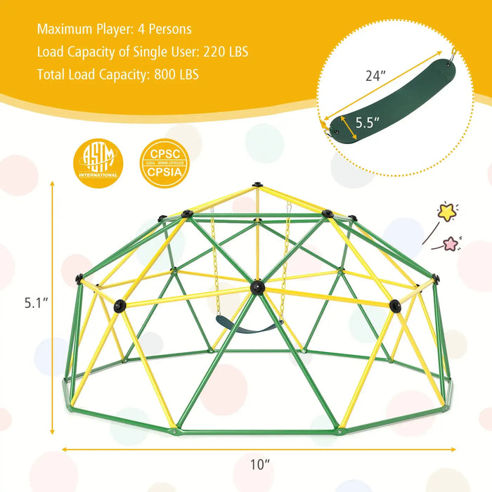 10FT Dome Climber with Swing | Ultimate Indoor/Outdoor Playground (Green Edition) - Little and Giant Explorers Costway