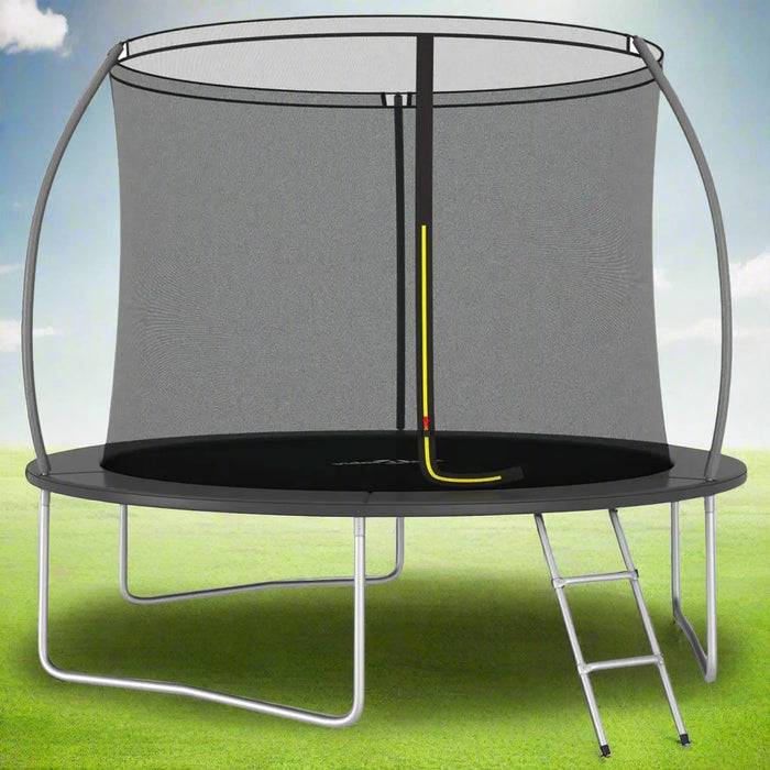 10ft round garden trampoline with safety net and ladder on green grass