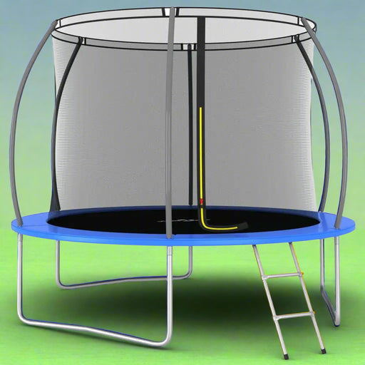 10ft round trampoline with safety net and 2-step ladder on green grass