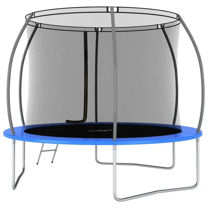 10ft round trampoline set with blue edge, safety net, and two-step ladder