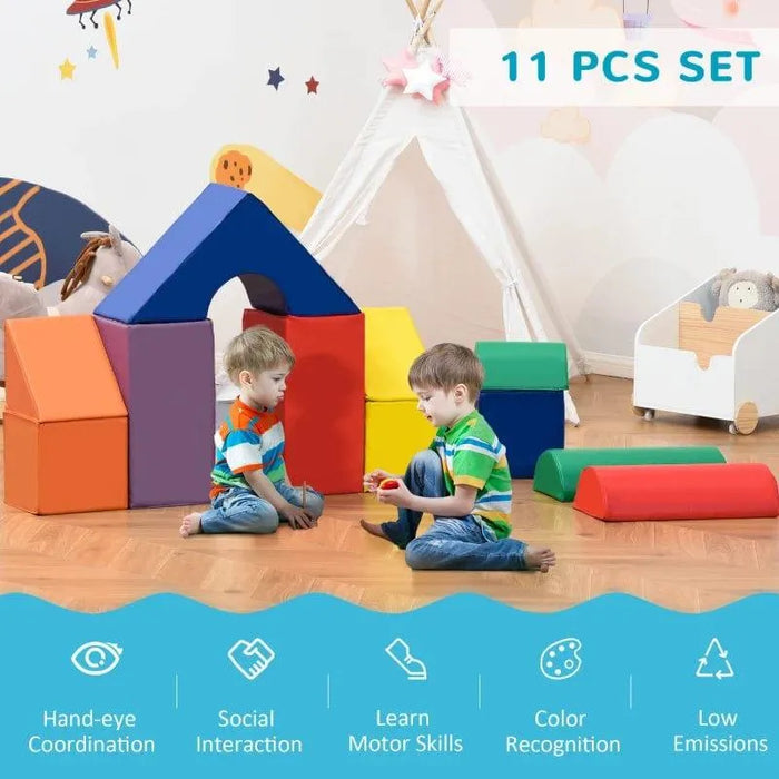 Two boys playing with colorful geometric foam blocks, 11-piece educational toy set in playroom