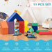 Two boys playing with colorful geometric foam blocks, 11-piece educational toy set in playroom